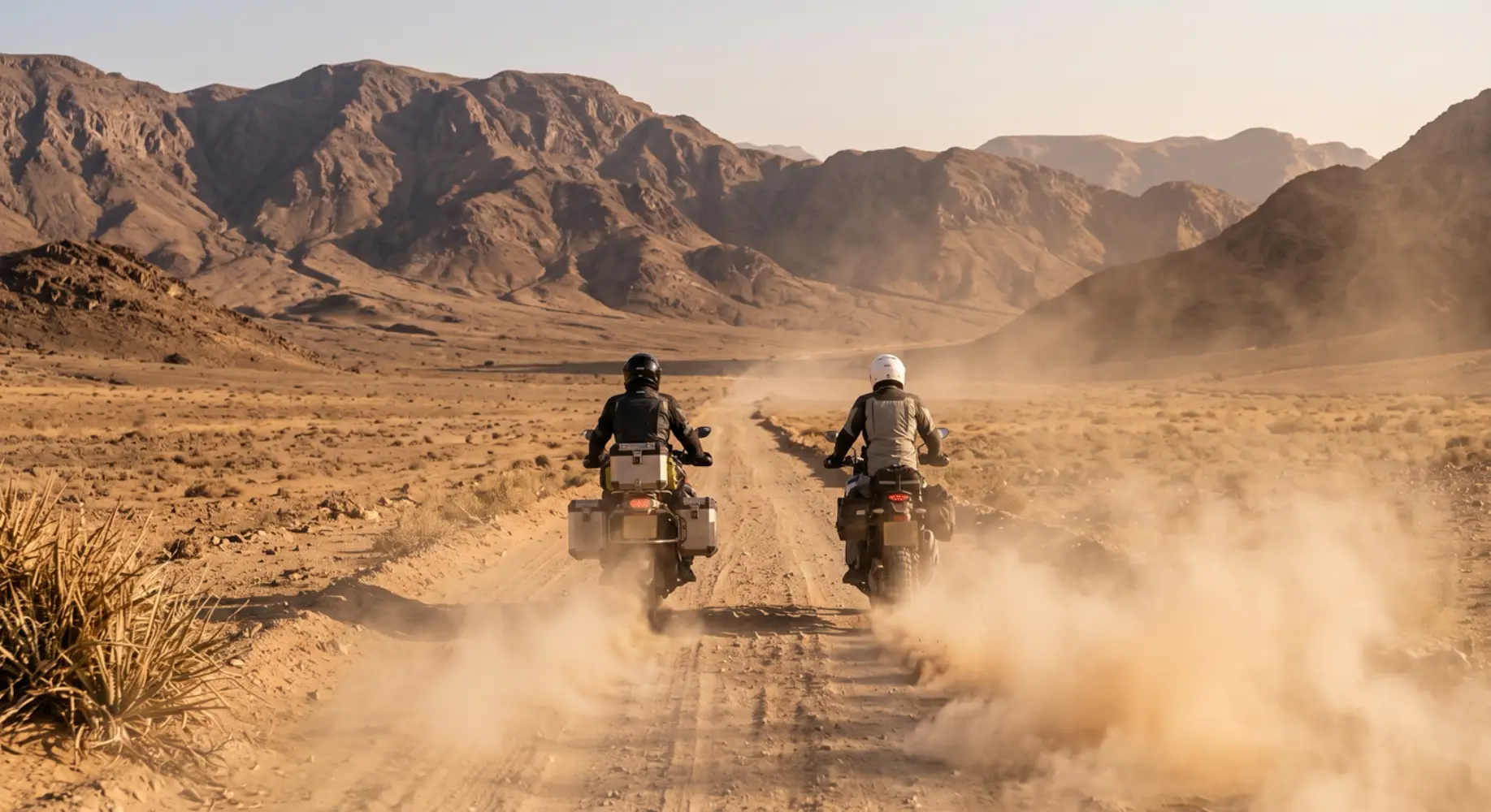 Two adventure riders riding a desert track toward the mountains