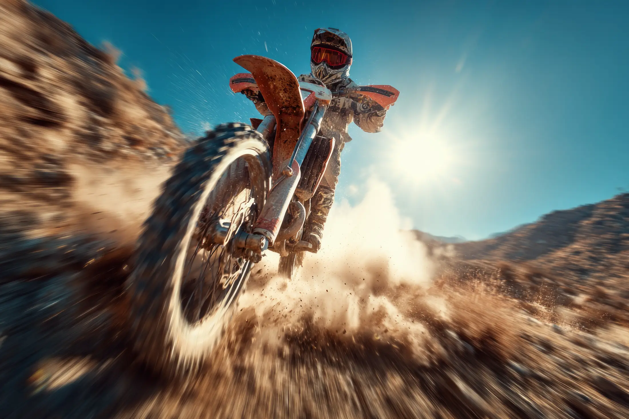 An enduro rider blasting through dust toward the camera under a bright sun